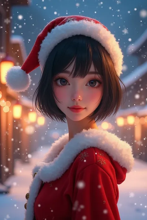 A 25 year old japanese girl, detailed cutie face,cutie smile, balanced detailed eyes, detailed droppy eyes, extremely detailed face, slender body, short hair, (Santa Claus costume:2.0), snowy night town, (best quality,4k,8k,highres,masterpiece:1.2),ultra-d...