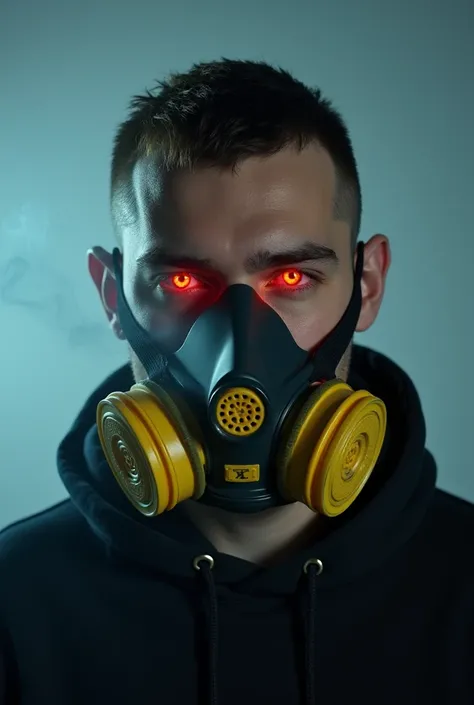 white man wearing a hoodie, wearing a dark yellow mouth respirator mask, with gangster haircut, captured from a low, slightly angled point of view of his head, glowing smoke coming from his eyes, looking at the camera transparent background