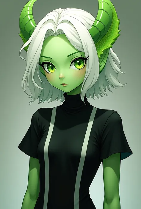 23 year old young adult with lime colored skin, albino, white wavy hair wofl cute, Strong green pupils with clear swirls, Black t-shirt with vertical white stripes with a long turtleneck and elegant long sleeves, in a less realistic anime style and that he...