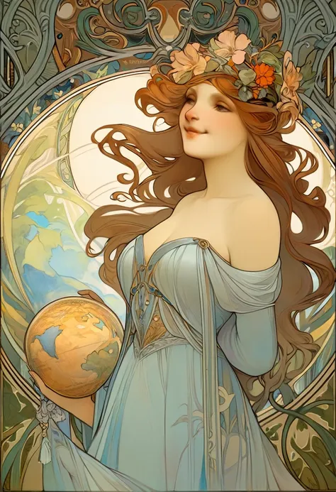 cover page, highres, top quality, best quality, paid reward available, unparalleled masterpiece, perfect artwork, absurdres, High-quality illustrations by Alphonse Mucha, art nouveau, Delicate and elegant linework, flowing hair, Flowing Dresses, Curvilinea...