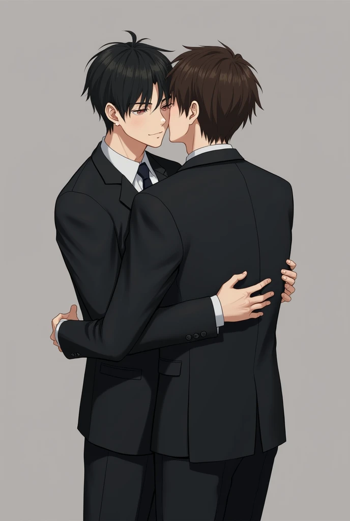 Men, Suit, BL, Back hug, Hug, Kiss on the cheek, Hug from behind, Black hair, Brown hair, Office, Hands around waist