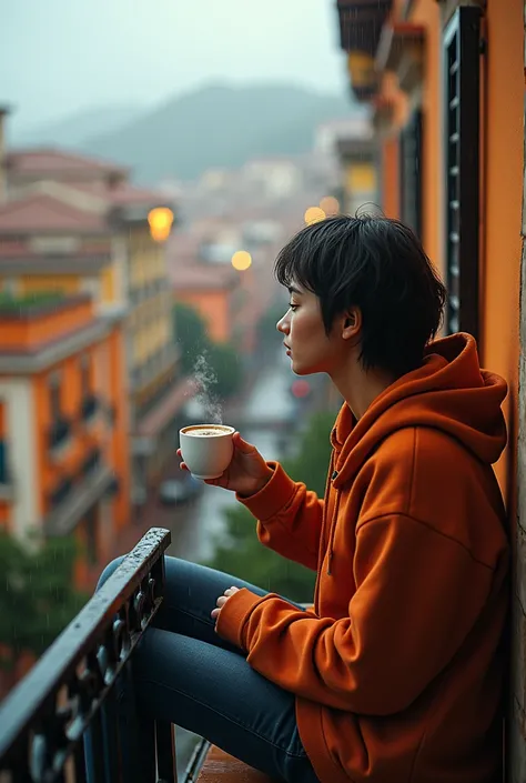 (photorealism:1.2), warm colours, watching the rain, outside the balcony, sitting, drinking coffee, wearing hoodies, up view, Spain city view