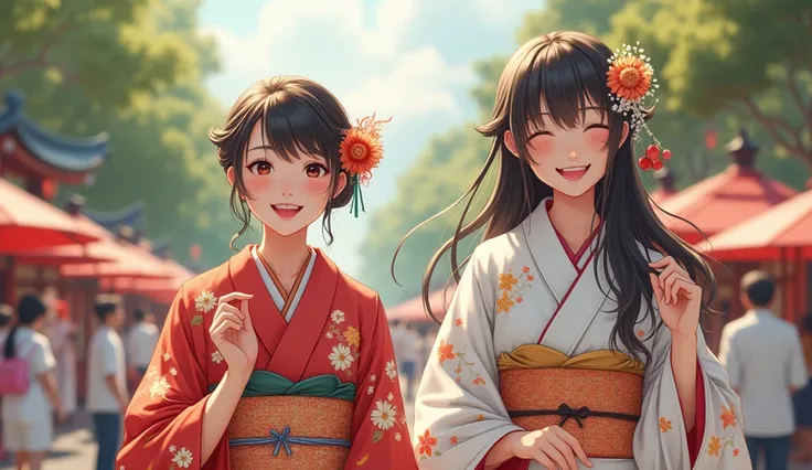 (best quality, masterpiece, ultra detailed), Japanese men and women in kimonos are smiling and enjoying the summer festival