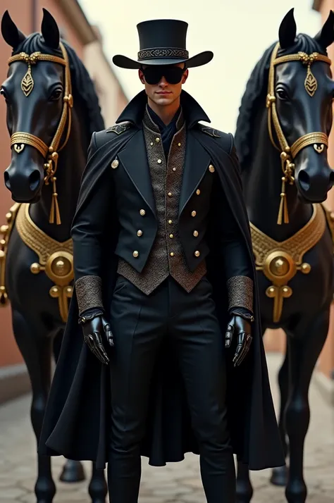 Creating a gentlement styling like the movie zorro along with the complete accesoris and standing a side big horses black colour with golden accesoris cover the bodys