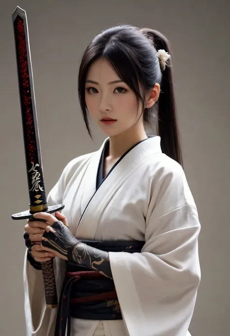 (Japanese sword &reference;Muramasa 2&reference;.2)Beautiful 27 year old woman、Japanese women、Tie your hair back、Hair ornament artist、Shinobi Costume、Warrior、Clear Eyes、{Arm tattoo(SakuraFubuki}&#39;Back Tattoo、Warrior、(Japanese swordを両手で構える、1.3)(Japanese ...