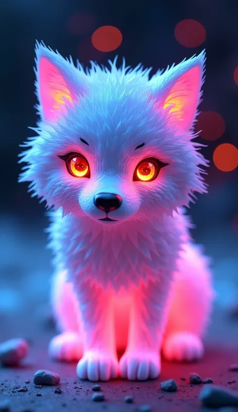 매혹적인 3D rendering은 빛나는 것을 보여줍니다., A very fluffy baby wolf sculpted entirely from crystal, glowing with vibrant neon colors. This low poly creature looks out of this world, Its big, Glowing low poly eyes that grab the viewer&#39;s attention. With a beautifu...