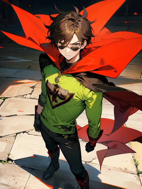 1male , Young Male , Red and Yellow T-Shirt with black fitted long sleeves under , Black Gloves, Green Boots , Robin Symbol on Shirt , Black and Cape, Messy Hair , Serious Expression , Standing on sidewalk, ((Robin Inspiration)), sunglasses