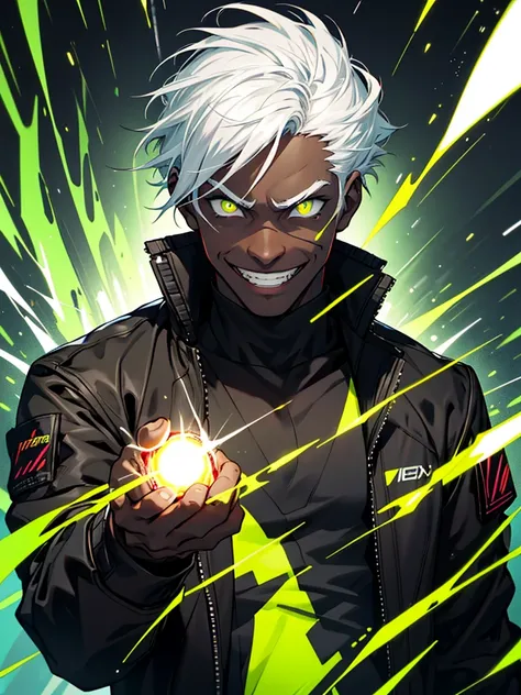 1boy, solo, a man in a black jacket with a smug grin reaching his hand out about to grab the viewer emitting static electricity from his body, dark skin, Short hair, white hair, green pupils, luminous pupils, grin, sadistic grin, crazy eyes, black backgrou...