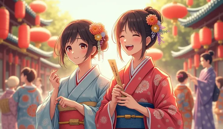 (best quality, masterpiece, ultra detailed), Japanese men and women in kimonos are smiling and enjoying the summer festival