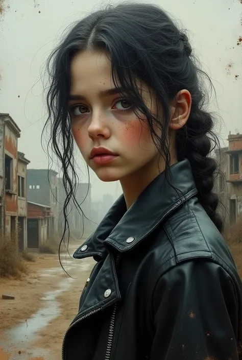 (((Highly detailed oil painting of a desolate)))  and weary girl in a black leather jacket with worn out facial features, in the style of Bill  Carman, Richard Burlet, Brian M. Viveros, Cyril Rolando, featuring  double exposure with an old and poor town,  ...