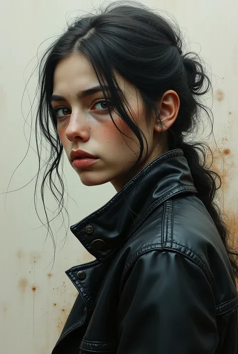 (((Highly detailed oil painting of a desolate)))  and weary girl in a black leather jacket with worn out facial features, in the style of Bill  Carman, Richard Burlet, Brian M. Viveros, Cyril Rolando, featuring  double exposure with an old and poor town,  ...