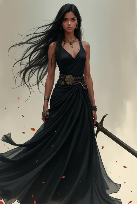 A girl of 5.8 feet long black hair Indian. In a warrior dress holding a sword. Change that dress. Dont make her Indian princess make the cloth black