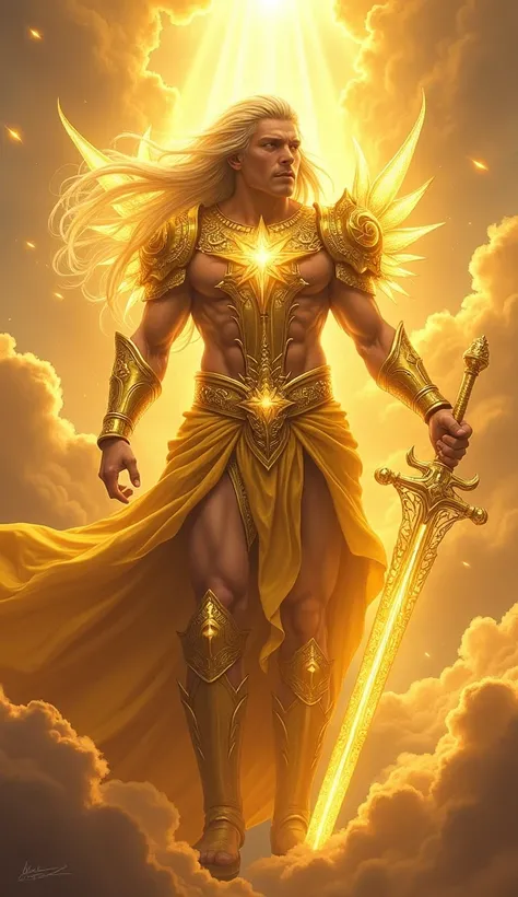 In a celestial realm bathed in divine radiance, Vortex is transformed into a godlike being of golden splendor. His long, flowing hair and ornate armor are adorned with brilliant gold, and divine symbols glow with celestial energy. His majestic sword is env...