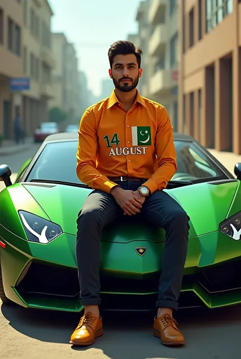 Wearing 14 August shirt name Abdullah siting on Lamborghini bonat
