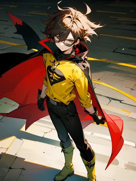 1male , Young Male , Red and Yellow T-Shirt with black fitted long sleeves under , Black Gloves, Green Boots , Robin Symbol on Shirt , Black and Cape, Messy Hair , Serious Expression , Standing on sidewalk, ((Robin Inspiration)), sunglasses