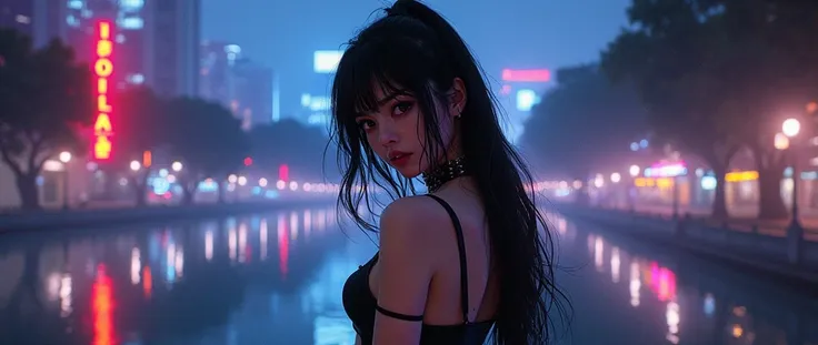 Vietnamese girl sexy, cyberpunk scenery of Hoan Kiem lake, anime style