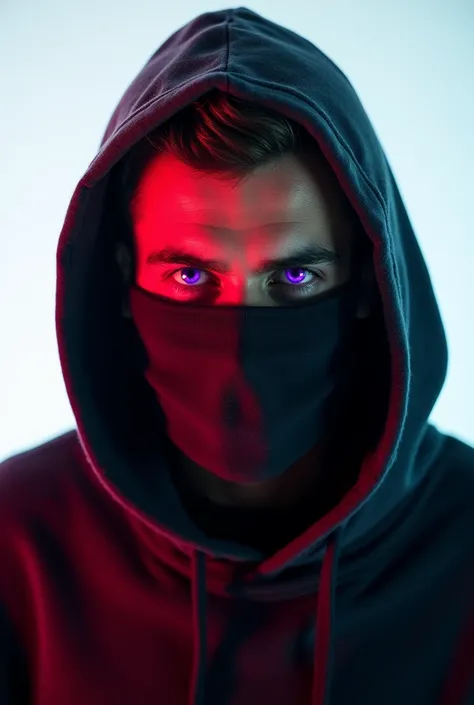 white man wearing a hoodie with the hoodie up, wearing a dark red balaclava mask covering his mouth, with gangster haircut, captured from a low, slightly angled point of view of his head, glowing purple eyes, looking at the camera, with a transparent backg...