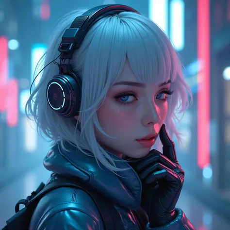 cyber punk、beautiful girl、Your eyes are sparkling、Crouching down and looking up、Tears in my eyes、未来的なcyber punk都市の背景、Shiny retro material outfit、Cyber Accessories、Digital headsets and gloves、Futuristic buildings、4K,Silver Hair、