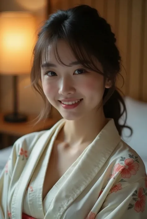 A 20-year-old woman with a cute face like a 16-year-old idol、Gentle and cute、A kind smile、(((Japanese Yukata)))、(night)、(((Lying asleep on a futon in a Japanese-style room at a Japanese inn)))、((Cleavage))、((I can see your thighs))、((Full body portrait))、R...