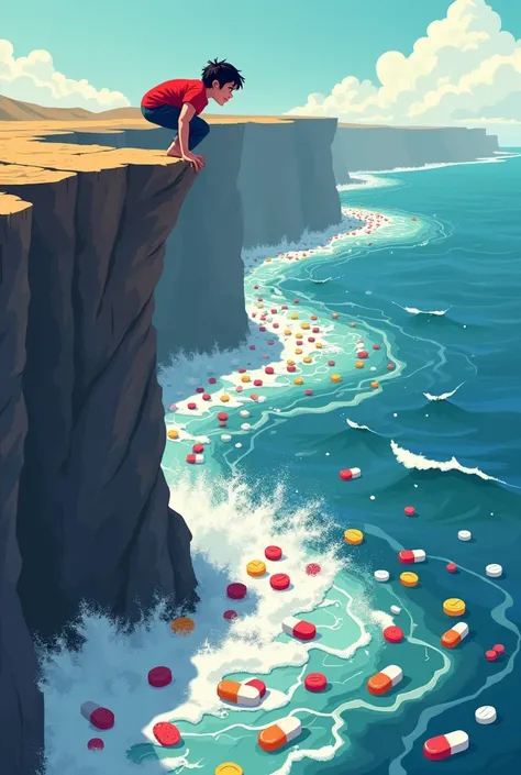 An overdose prevention poster with a person clinging to a cliff and pills scattered like an ocean at the bottom。Cute picture。