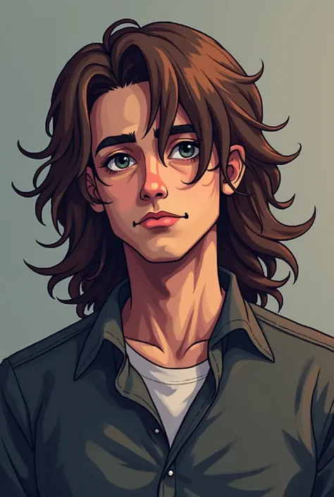 pixelart, pixel style, man in his thirties, long wavy hair, messy look, tired, brown hair, stoic expression, attractive, pixel, pixel art, pixel style, it has a detailed pixel art, the man is in pixel art