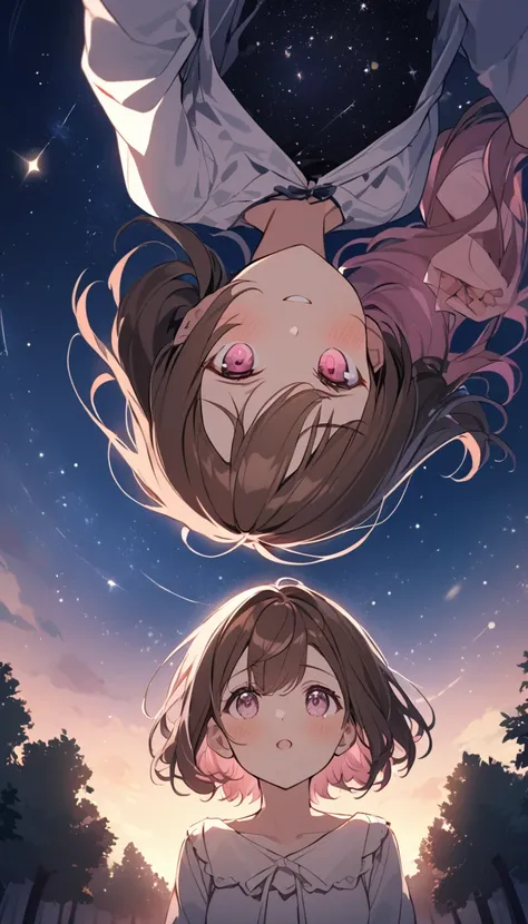 good looking, with two friends, 2 women, Medium Hair, Brown Hair, Pink highlights on the tip,Pale pink eyes,Looking up at the starry sky in the park on a summer night,Astronomical Observation,An emotional face