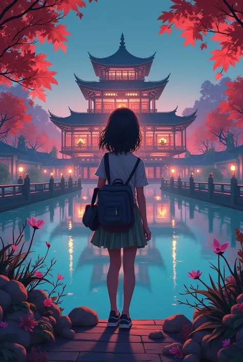 Vietnamese girl, cyberpunk landscape of Hoan Kiem lake with Ngoc Son temple, anime style