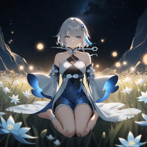 1girl, guizhong_(genshin_impact),light grey hair,short_hair_with_long_locks,starry_sky_print,detached_sleeves, long sleeves_past_fingers,hanfu,illustrated by matsuryuu and agahari and dsmile,pale blue eyes,stunning field of softly glowing blue and white gl...