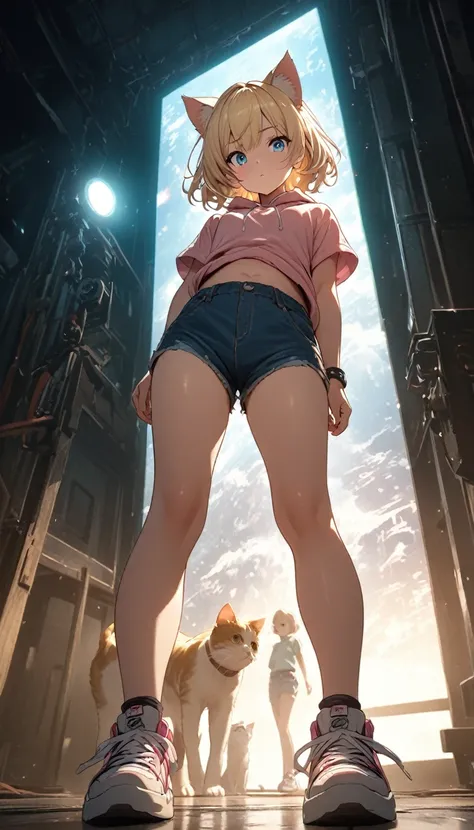 Blonde Hair、Short Mash Hair、Cat ears of the same color as the hair、Plain pink short sleeve hoodie、Short denim shorts、Belly button、sneakers、Turquoise Eyes、Flat Chest、Pure white background，Depth of written boundary，Low angle view，Calf Level View，Overclocked ...