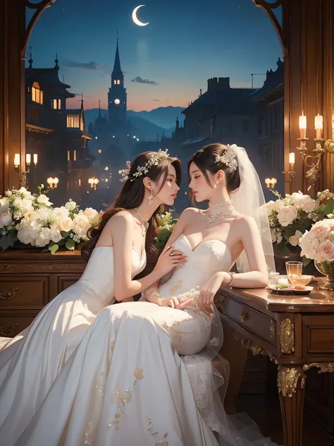 (masterpiece, highest quality, official art, beauty and aesthetic:1.5), perfect anatomy, perfect hands, two stunning bride is deeply in love with each other, kiss, romantic atmosphere, flower and moon, magnificent panorama view