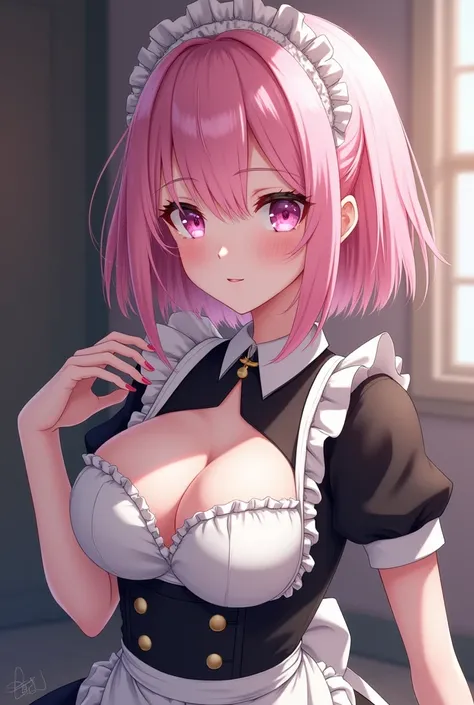 pink hair, white hair, big, light pink eyes, white skin, very large breasts, Black Maid outfit, short hair, very white legs, sexy
