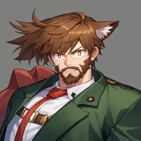 score_9, score_8_up, score_7_up, score_6_up, score_5_up, score_4_up, BREAK, solo, necoarc, lit pupils, cat ears, chibi, :3, Slayer from Guilty Gear as necoarc, 1man, greenish-brown suit and red tie, brown hair, beard, monocol, Guilty Gear Strive, fighting ...