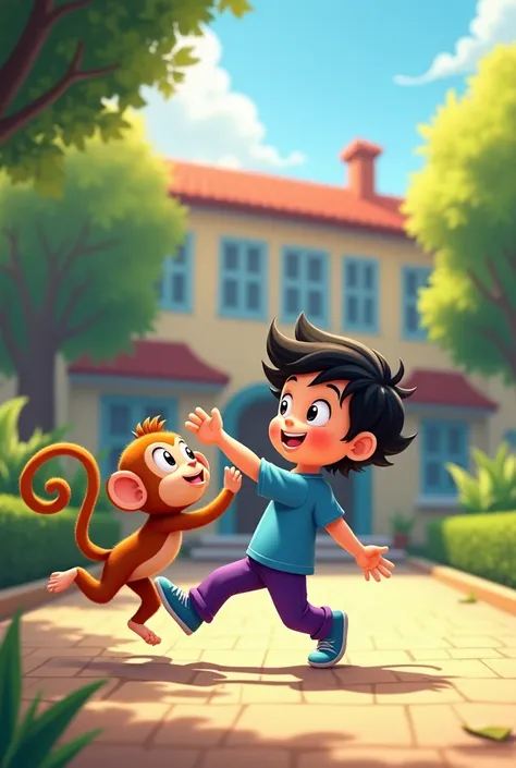 One sunny afternoon at school, There was a boy with black hair, wearing a blue shirt and purple pants, playing with a monkey.