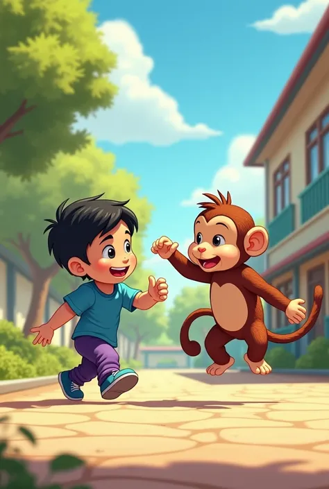 One sunny afternoon at school, There was a boy with black hair, wearing a blue shirt and purple pants, playing with a monkey.