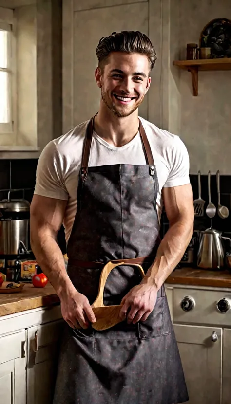 nsfw, hyper photorealistic, best quality, masterpiece, extremely detailed, masculine, sexy, homoerotic, extremely handsome, 25 year old man, muscular, cheeky smile, wearing only apron, semi erect bulge, in kitchen, cinematic shadows, dreamy atmosphere, per...