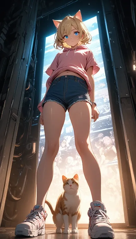 sexy、sexyなポーズ、Blonde Hair、Very Short Hair、Cat ears of the same color as the hair、Plain pink short sleeve hoodie、Short denim shorts、Belly button、sneakers、Turquoise Eyes、Flat Chest、Pure white background，Depth of written boundary，Low angle view，Calf Level Vie...