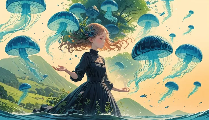 giant jellyfish girl. like her black dress. the other side of the water. Beckoning. Composition looking down