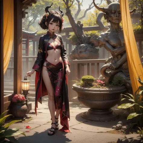 There are ghost horns on the head，Petite stature，loli，Small Breasts，Translucent cheongsam，The chest of the cheongsam is hollowed out to the navel，In Japanese garden，drink wine