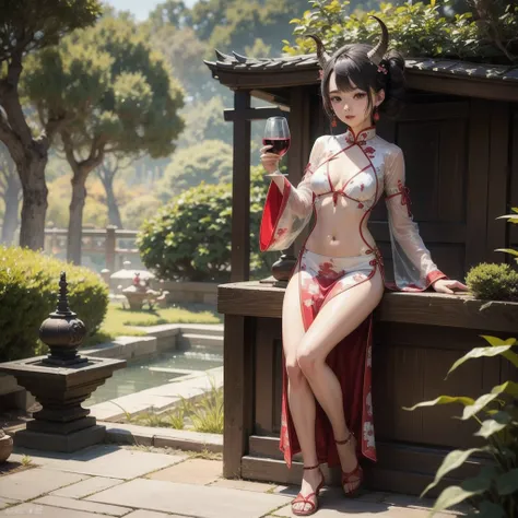 There are ghost horns on the head，Petite stature，loli，Small Breasts，Translucent cheongsam，The chest of the cheongsam is hollowed out to the navel，In Japanese garden，drink wine