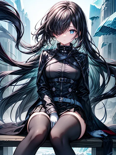 ((spread legs, sitting)),((Celestial Glacier)),((show panties)),((Highest quality)),((black micro mini length skirt)),((alone)),((Deep blue pupils)),((sparkling eyes)),(Beautiful Blue Eyes),((Wearing a black coat)),(((Wearing black tights))),(Slim body),((...