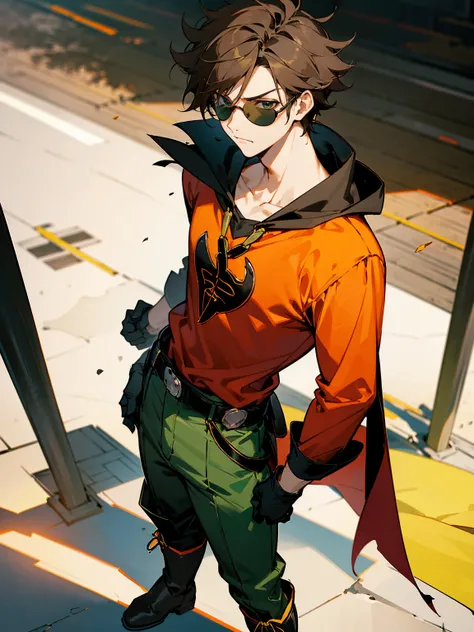 1male , Young Male , Red and Yellow T-Shirt with black fitted long sleeves under , Black Gloves, Green Boots , Robin Symbol on Shirt , Black and Cape, Messy Hair , Serious Expression , Standing on sidewalk, ((Robin Inspiration)), sunglasses