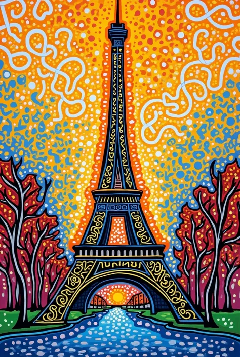 Keith Haring colorful style, impressionism, Childe Hassam, Ramon Casas, John Atknson Grimshaw, Yuriy Shevchuk, eiffle tower