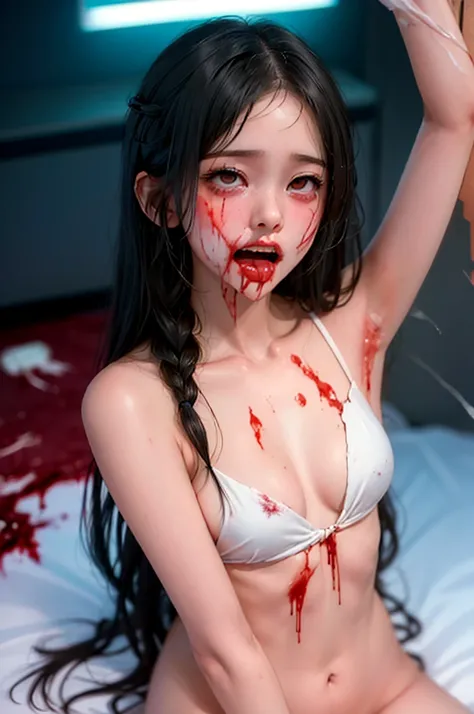 Highest quality, masterpiece, look up, cute,(Horror),(((少女の美しいzombie))),((zombie)),((This girl is dead)),(Being attacked),Trying to bite,(((Bleeding,Injured))),(((Shedding tears of blood))),((Bloodbath)),((口からBleeding)),((Covered in blood)),(A body covered...