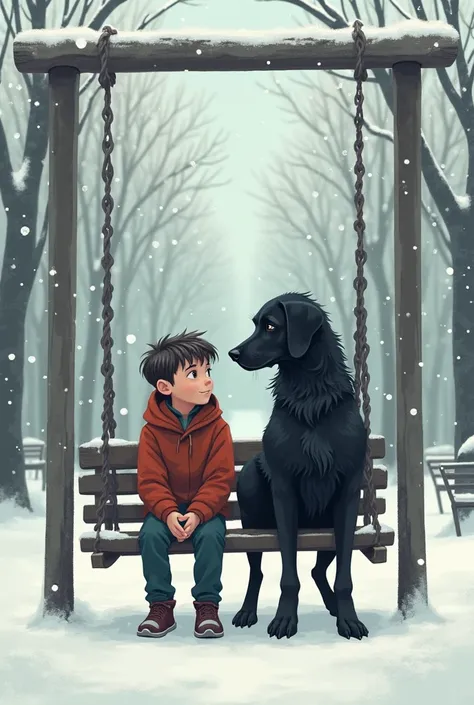 Old dog, black dog, snow fall, swing , park, Teenage boy with a old dog