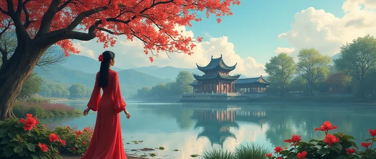 Vietnamese sexy girl with Ao Dai, cyberpunk landscape of Hoan Kiem lake with Ngoc Son temple and royal poinciana tree, anime and vietnam style