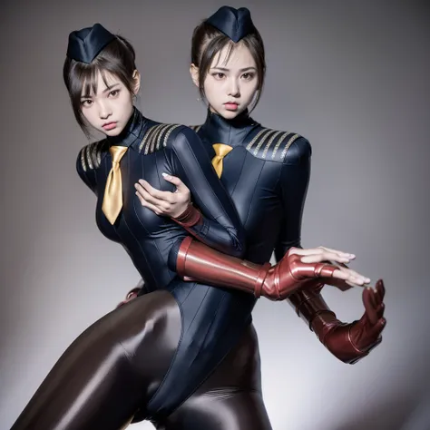 （（（two girls:1.5）））,masterpiece, best quality, sfjuli, black eyes, brown hair, hat, yellow necktie, red gloves, navy ribbed body...