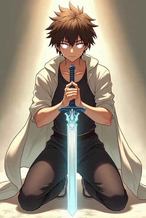 In an anime-style scene, the muscular and attractive boy with brown hair and striking white eyes kneels gracefully. He’s blind, with his white eyes conveying a sense of inner strength and focus. He holds a Translated Dream Sword with both hands, the sword ...