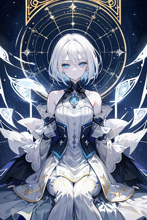 Name: Kaito Stellevan Element: STELLARA Description: A reclusive yet brilliant celestial mage, known for his uncanny ability to manipulate the stars. With piercing azure eyes and silver-white hair, Kaito is a living enigma in the realm of Umbranox. Prompt:...