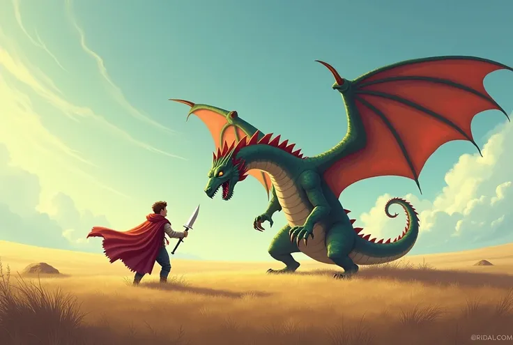 A level-up hero and a dragon fighting on a vast plain