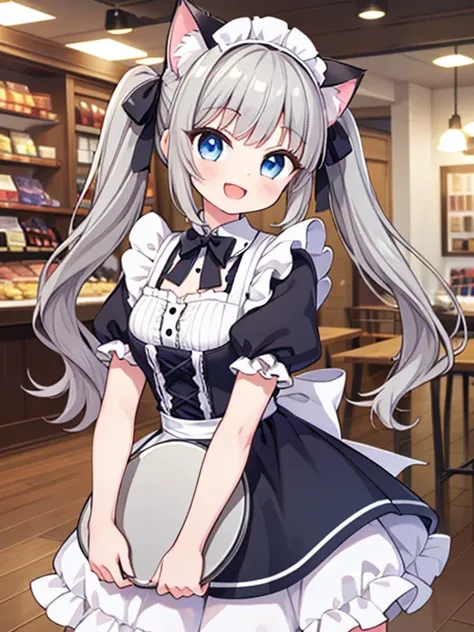 Maid clothes, Short sleeve, (One girl), cute, (smile:1.3), (Open your mouth:1.3), (Holding the tray:1.2), (Cat ear), ((Gray Hair)), Medium twin tails, Blue Eyes, maid Cafe, Inside the store, (Cowboy Shot), ((Highest quality)), ((masterpiece)), (detailed), ...